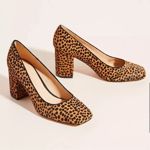 ANTHROPOLOGIE Spotted Leopard Cheetah Calf Hair Square Toe Chunky Heels Pumps. 9 - Picture 2 of 15
